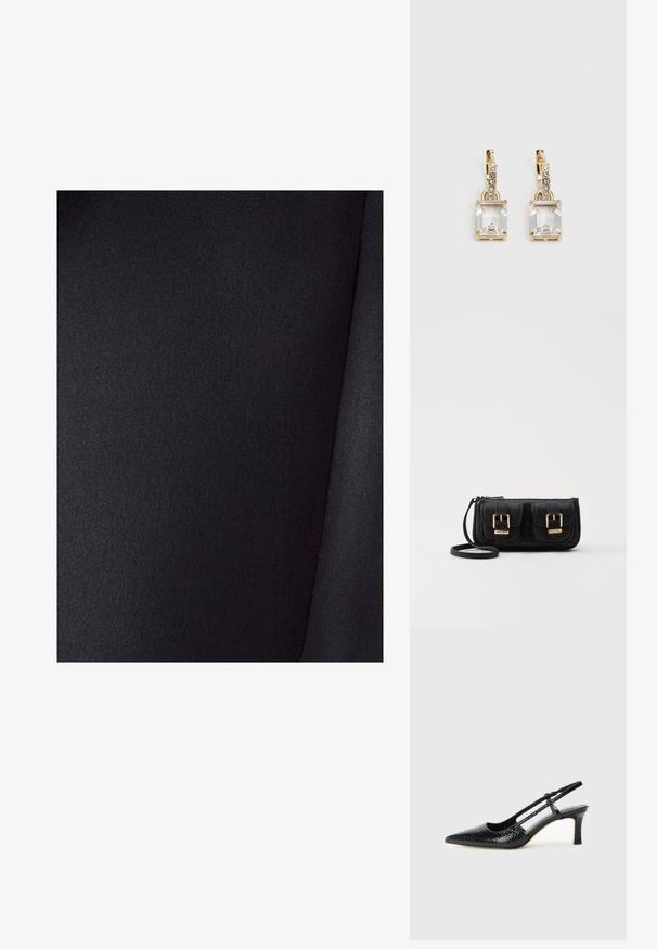 Crna tkanina s glatkom teksturom i blagim sjajem. Ima jedinstvenu boju bez uzoraka, a nabori su vidljivi na materijalu.; Crne lakirane slingback pete s oštrim vrhom, s teksturiranim uzorkom zmijske kože, podesivom remenom i kratkom, teksturiranom blok-petom.; Crna kožna torba preko ramena s dva prednja džepa, zlatnim kopčama, zatvaranjem na zip i uskim remenom. Teksturirana površina i kompaktan pravokutan oblik.; Zlatne naušnice s pravokutnim, prozirnim kristalom koji visi ispod niza malih, okruglih prozirnih akcenata. Elegantni, moderni dizajn.