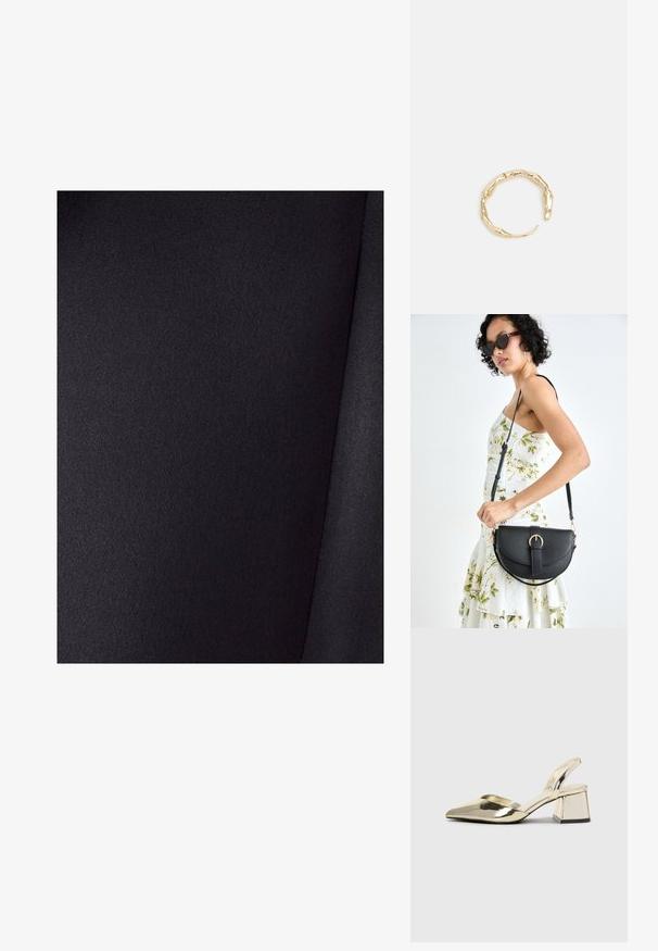 Mustaa kangasta, jossa on sileä pinta ja kevyt kiilto. Kangas on yksivärinen eikä siinä ole kuvioita, materiaalissa näkyy taitteita.; Kultaiset, metalliset slingback-kengät, joissa on teräväkärkiset ja paksut korot. Sileä pinta, minimalistinen muotoilu ja kapea hihna.; Musta nahkainen käsilaukku, joka on kaareva muotoilultaan, irrotettavalla hihnalla ja kultaisilla yksityiskohdilla. Laukussa on läppä, jossa on solk yksityiskohta.; Kultaketju, jossa on orgaaninen, kierretty muotoilu, sileä pinta ja cappatut päät, luoden modernin, veistoksellisen ilmeen.