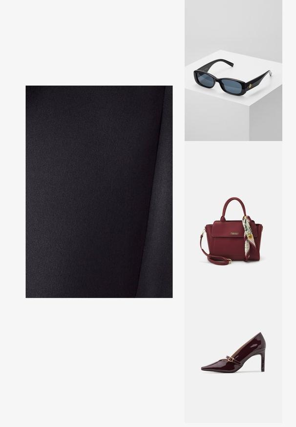 Mustaa kangasta, jossa on sileä pinta ja kevyt kiilto. Kangas on yksivärinen eikä siinä ole kuvioita, materiaalissa näkyy taitteita.; Patentoitu burgundinpunainen korkokenkä, jossa on kärki, nilkkaremmi kullanvärisellä varusteella ja tyylikäs, kiiltävä pinta. Korkea, hoikka korko.; Mustat suorakulmaiset aurinkolasit, joissa on siniset tummennetut linssit, paksut kehykset ja kultainen pyöreä yksityiskohta sivussa. Rinnakkaisrajoitettu, kiiltävä pintakäsittely.; Burgundy laukku, joka on valmistettu synteettisestä materiaalista ja jossa on jäsennelty muotoilu. Laukussa on irrotettava hihna ja kukkakuosisia huiveja, jotka on sidottu kahvaan.