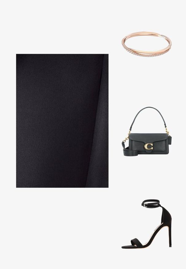 Crna tkanina s glatkom teksturom i blagim sjajem. Ima jedinstvenu boju bez uzoraka, a nabori su vidljivi na materijalu.; Crne nubuk sandale na visokom potpeticu s jednostavnim dizajnom remena, otvorenim prstom i remenom oko gležnja s srebrnom kopčom.; Crna kožna torba s zlatnim hardverom, koja ima prepoznatljivu kopču, odvojivi remen za ramen, te teksturiranu površinu.; Narukvica od ružičastog zlata koja se sastoji od dva međusobno povezana kruga, od kojih je jedan ukrašen redom dijamanata, s glatkom površinom i mekanim rubovima.