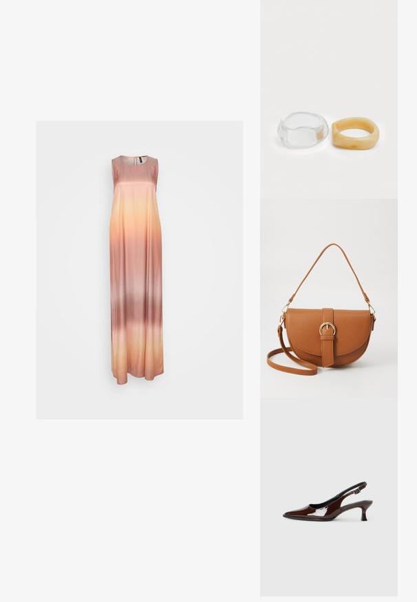 Maxikjole i glat satin stoff, med en gradient fra lys fersken til myk rosa. Uten ermer design med rund hals.; Brune patentlæder slingback sko med spids tå og moderat hæl. Har en spænde rem for sikker pasform. Glat tekstur.; Brun lærcrossbody-veske med en buet form, gullhardware og et spenneakcent. Har en avtakbar skulderreim.; Klare og ravfargede harer, den ene glatt og gjennomsiktig, den andre med en teksturert, ravfarget finish. Begge har avrundede, kraftige design.