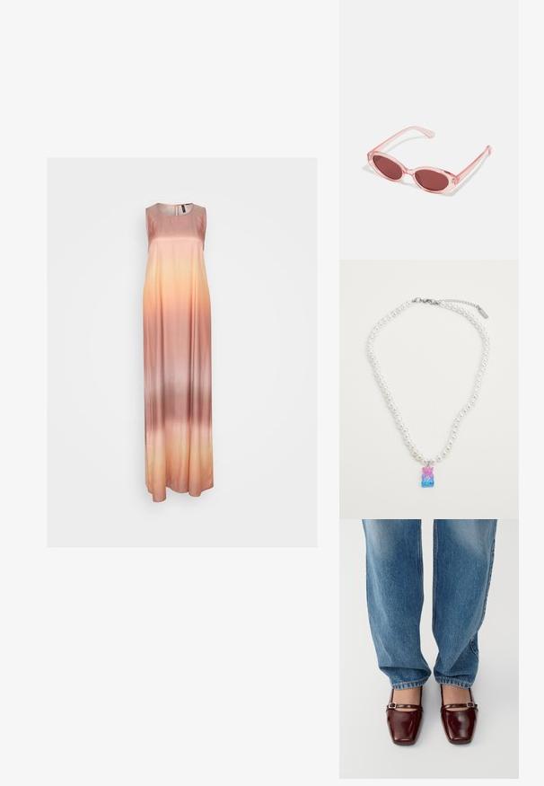 Vestido maxi em tecido de cetim suave, apresentando um degradê de pêssego claro a rosa suave. Design sem mangas com gola redonda.; Sapatos de couro patente borgonha com bico quadrado e tira no tornozelo, combinados com jeans de corte largo em azul claro. Os sapatos têm um acabamento brilhante.; Óculos de sol transparentes rosa com lentes ovais, tonalidade vermelha escura e hastes delicadas, apresentando um acabamento suave e detalhes subtis na armação.; Colar de pérolas brancas com um pendente em forma de urso de goma multicolorido, com seções brilhantes em rosa, roxo e azul, e um fecho prateado.