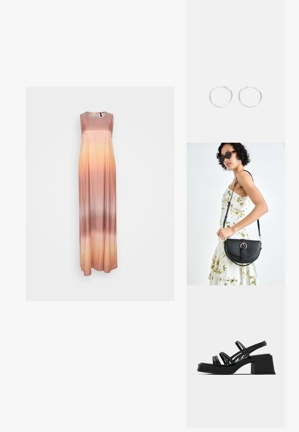 Ilga suknelė iš lygaus satino audinio, su gradientu nuo šviesiai persikinės iki švelniai rožinės spalvos. Be rankovių dizainas su apvalia iškirpte.; Juodos aukštakulnės šlepetės su keliais plonais dirželiais ir plačiu blokiniu kulnu. Elegantiškas dizainas su matinės tekstūros paviršiumi. Pado forma šiek tiek išlenkta.; Juodas odinis krepšys su išlenkta forma, nuimamu dirželiu ir auksiniais detalėmis. Krepšys turi kilpą su sagtimi.; Sidabrinės auskarai žiedai su sėslia, apvalia forma, pasižymintys lygia paviršiumi ir be matomų puošmenų. Svoris nenurodytas.