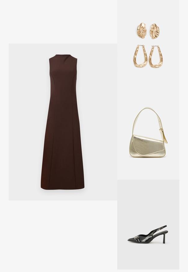 Ujjatlan barna ruha magas nyakkivágással, testhez simuló felső résszel és bővülő szoknyával. Simítszövetből készült, látható minták vagy díszítések nélkül.; Fekete lakk bőr, hegyes orrú slingback cipő, boka pántokkal, ezüst csatokkal és hardverelemekkel, valamint karcsú sarkú.; Arany fémes kézi táska, strukturált dizájnnal, sima felülettel és állítható pánttal. Egyedi háromszög alakú, minimalistának mondható varrásokkal rendelkezik.; Aranyszínű fülbevalók, texturált, hullámos formákkal. Tartalmazza a szobrászati klipszes studokat és az open hoop kialakítást, kalapácsos felülettel.