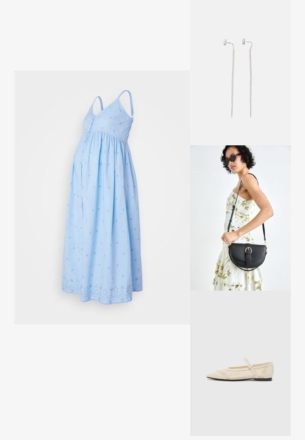Vestido de maternidad azul claro con tirantes espagueti ajustables, cintura fruncida, patrones de estrellas cosidos y detalles bordados en el dobladillo.; Bailarinas de color beige con punta afilada, un diseño de malla superpuesto y una correa con hebilla lateral. Suela plana con una textura suave.; Bolso de piel negra con forma curva, correa desmontable y herrajes dorados. El bolso cuenta con una solapa con un detalle de hebilla.; Pendientes de plata colgantes con un diseño de cadena delgada y parecida a una malla, y acentos de varillas rectas, que presentan cierres tipo mariposa para un ajuste seguro.