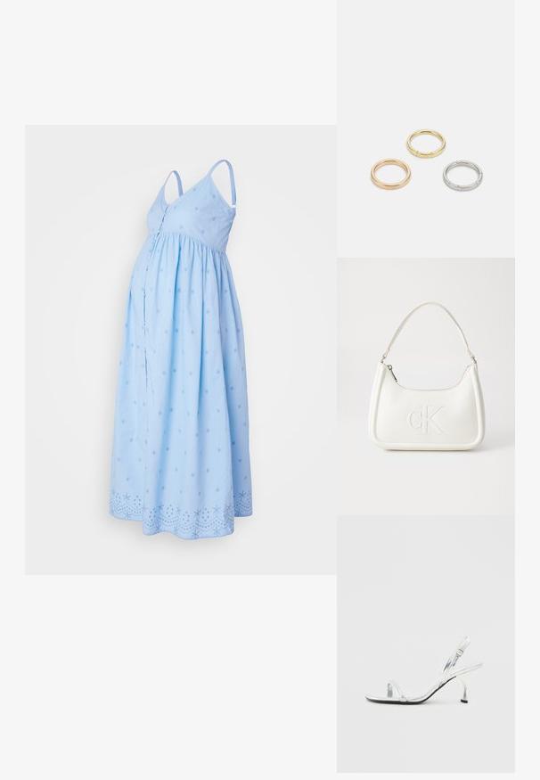 Světle modré těhotenské šaty s nastavitelnými ramínky, skladaným pasem, vyšitými hvězdičkovými vzory a vyšívaným lemem.; Stříbrná lakovaná kožená sandálová obuv na vysokém podpatku s úzkým pásem na prstech, nastavitelnou sponou a štíhlým podpatkem.; Bílá kožená kabelka s křivkovým tvarem, na přední straně s vyraženým logem "CK" a jediným ramenním popruhem. Zipový uzávěr na vrchu.; Tři kovové prsteny: jeden růžově zlatý, jeden zlatý s texturovanými detaily a jeden stříbrný, všechny s vyrytým brandingem na vnitřním boku.