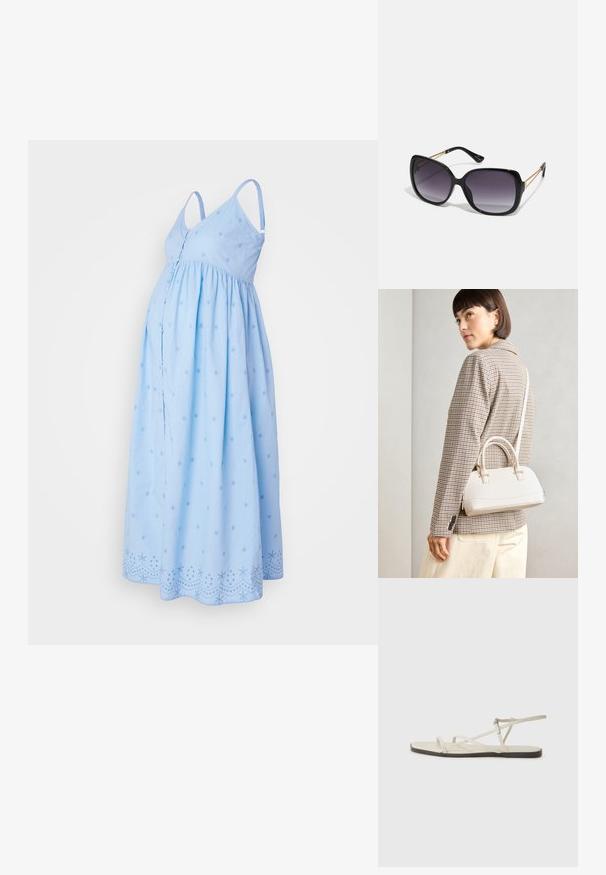Svetlo modra nosečniška obleka z nastavljivimi tankimi naramnicami, nabranim pasom, strojenimi zvezdnimi vzorci in izvezenimi detajli na robu.; Beige ravne sandale z več tankimi trakovi in nastavljivim zaponcem. Podplat je raven z rahlo temnim kontrastom na robu.; Črne prevelike sončne očala z degradacijskimi lečami, debelimi okvirji in zlatimi verižicami na ročajih.; Bela strukturirana torba z kratkimi ročaji in naramnim trakom, z zlatimi okrasnimi elementi in teksturiranim materialom, prikazana na sivi podlagi.