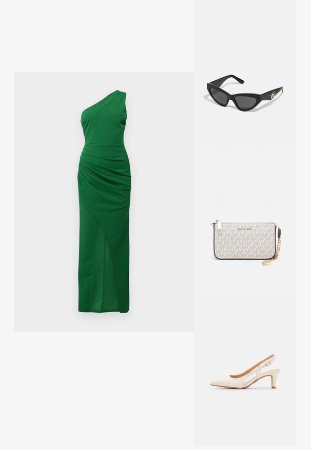 Ühe õlavarrega roheline kleit, mis on valmistatud venivast kangast, millel on drapeering vöökohas ja reie kõrgune lõhik ühel küljel.; Valge slingback konts, terava ninaga, siledast ülemisest materjalist, madala ploki kontsaga ja külgse nähtavusega ning reguleeritava pandla rihmaga.; Kassionkoodiga päikeseprillid, millel on mati must plastraam, tumedad objektiivid ja kuldne logo aksent templis. Nurgaeline disain ja sile tekstuur.; Michael Korsi randmevõru beige kaetud kangast, millel on korduv MK logo muster, kuldne riistvara ja eemaldatav ahelistrap.