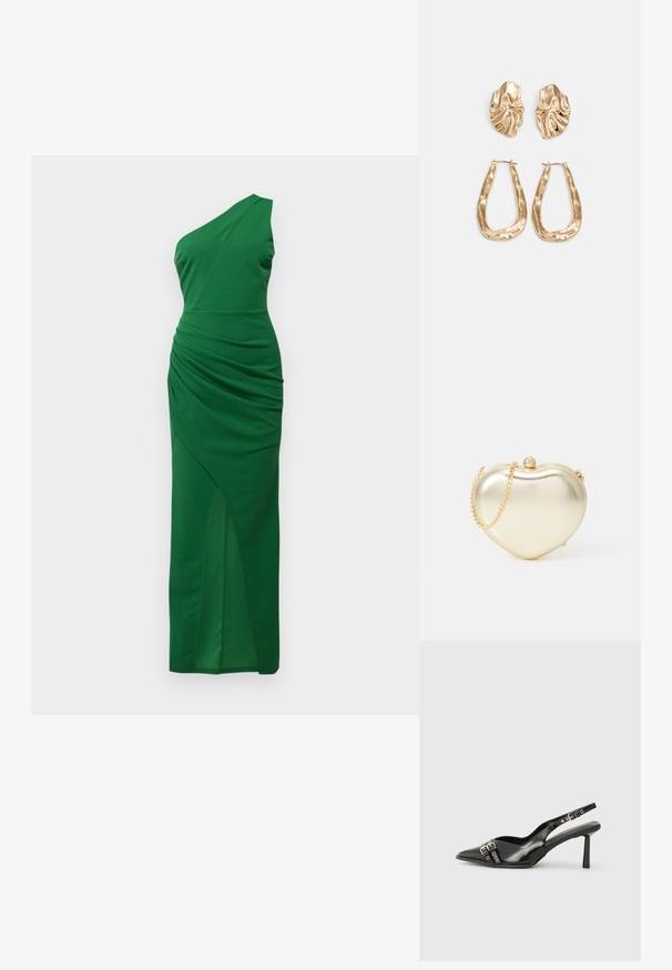 Zelena obleka enega ramena iz elastičnega blaga, z drapiranjem na pasu in razporkom do stegna na eni strani.; Črne patentne usnjene sandale s koničastim nosom, zankami okoli gležnja s srebrnimi sponkami in opremo ter vitkimi petami.; Zlato metalno torbico v obliki srca z verižnim ročajem in detajlom v bisernem zapiranju. Gladka tekstura, kompakten dizajn za majhne potrebščine.; Zlato obarvani uhani z teksturiranimi, valovitimi oblikami. Vključujejo skulpturalne sponke za ušesa in odprto obliko obročka s kladivastim finišem.