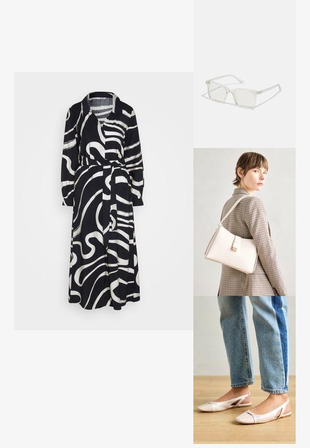 Rochie alb-negru cu mânecă lungă și guler, având modele abstracte de valuri și o talie legată. Confecționată dintr-un material ușor.; Sandalete plate de un roz pal cu vârf ascuțit, realizate dintr-un material asemănător pielii, neted. Prezintă detalii decupate pe laterale și un toc plat.; Ochelari de vedere cu rame pătrate din plastic transparent, dotate cu lentile translucide și accente aurii pe temple pentru un detaliu suplimentar.; Geantă de mână din piele albă cu un design structurat, având o închidere magnetică și un breteau, expusă pe un fundal neutru.