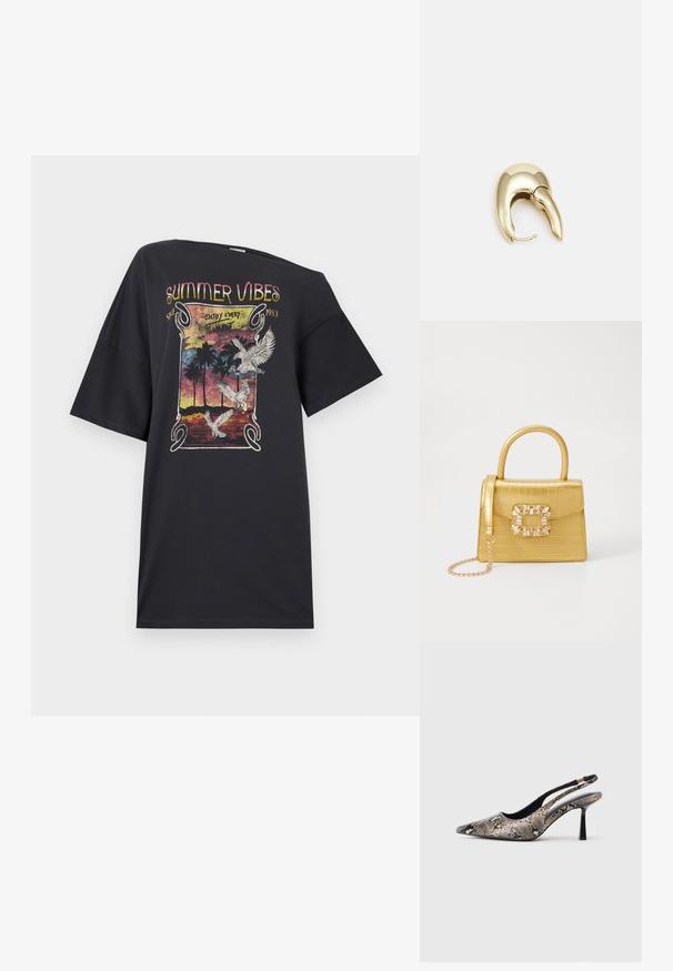 Black oversized t-shirt featuring a colorful graphic design with "Summer Vibes," palm trees, and birds, made from soft cotton material.; Pointed-toe slingback shoes made of textured snake print material, featuring a slender black heel and a cutout design on the sides.; Yellow faux-crocodile handbag with a structured design, top handle, detachable chain strap, and decorative crystal embellishment on the clasp.; Gold-tone metal earring with a sleek, curved design. Features a distinctive pointed shape, polished surface, and hinge closure.