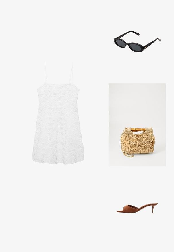 Rochie albă fără mâneci cu un model floral texturat, având bretele subțiri și o croială lejeră, concepută pentru un aspect ușor și aerisit.; Mule din suede maro, cu vârf deschis, având un design curbat, caracterizat printr-un toc stiletto jos și linii minimalistice, elegante.; Ochelari de soare supradimensionați, cu lentile ovale, cadru din plastic neted și accente aurii pe brațe. Lentilele întunecate oferă protecție solară.; Geantă din paie țesute, cu mânere din bambus, având un design texturat cu franjuri în nuanțe naturale de bej și o curea din lanț auriu.