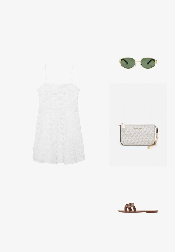 Biała sukienka bez rękawów z teksturowanym wzorem kwiatowym, z cienkimi ramiączkami i luźnym krojem, zaprojektowana z myślą o lekkości i przewiewności.; Brązowe płaskie sandały wykonane z materiału syntetycznego, z plecionym wzorem na pasku i gładką, płaską podeszwą. Bez obcasa, minimalistyczna estetyka.; Złote okulary przeciwsłoneczne w metalowej oprawie z zielonymi soczewkami, o owalnym kształcie, czarnymi zausznikami i przezroczystymi noskami. Czysty, minimalistyczny design.; Portfel na nadgarstek marki Michael Kors w beżowej, pokrytej płótnem, z powtarzającym się wzorem logo MK, złotym okuciem i odpinanym łańcuszkowym paskiem.