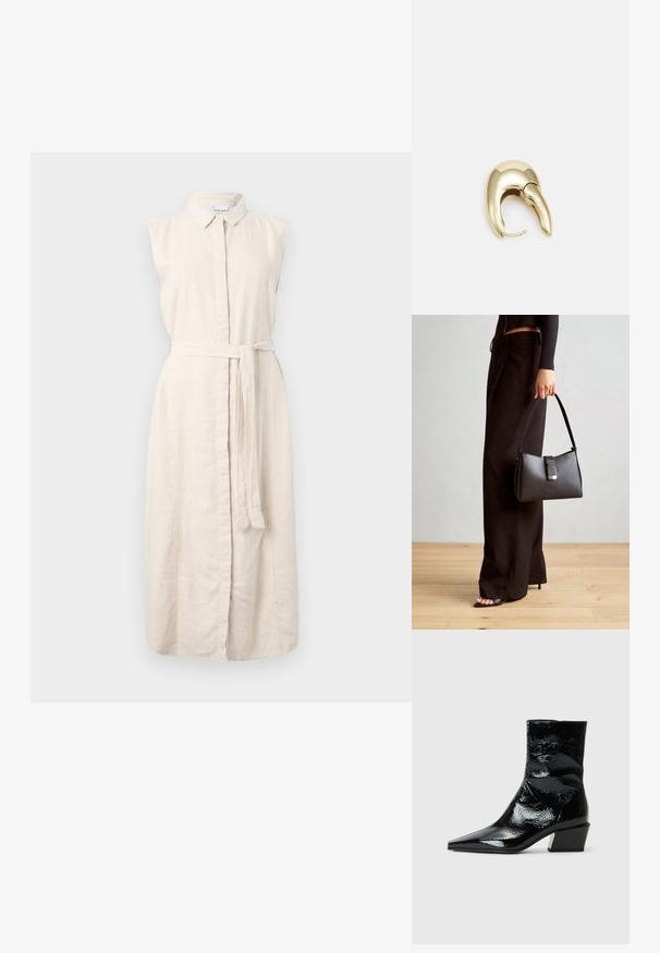 Világos bézs vászon ruha gallérajjal, ujjatlan kivitelben, elülső gombos záródással és szövet övvel a deréknál. Finom textúrával rendelkezik.; Fekete lakk bokacsizmák, hegyes orral, texturált felülettel és tömör sarokkal. Elegáns dizájn, sima, fényes felülettel.; Fekete kézi táska strukturált formával, sima textúrával és fémből készült záródással. Széles fekete nadrággal és nyitott orrú szandállal párosítva, fából készült padlón.; Aranyszínű fém fülbevaló, elegáns, ívelt formával. Különleges hegyes alak, fényes felszín és zsanéros záródás jellemzi.