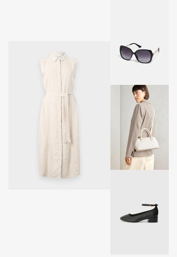 Gai beige līna kleita ar apkakli, bez piedurknēm, ar pogu aizdari priekšā un auduma jostu viduklī. Ir smalka tekstūra.; Melnas ādas sūkņi ar smailu purngalu un zemu bloku papēdi. Iezīmēts ar potītes siksniņu ar zelta krāsas sprādzi. Gluda tekstūra.; Melni pārmērīgi lieli saulesbrilles ar gradāciju lēcām, biezām rāmja malām un zeltainas krāsas ķēžu detaļām uz tempļiem.; Balta strukturēta roku soma ar īsām rokturiem un plecu siksnu, ar zelta aparatūras akcentiem un strukturētu materiālu, izstādīta uz pelēka fona.