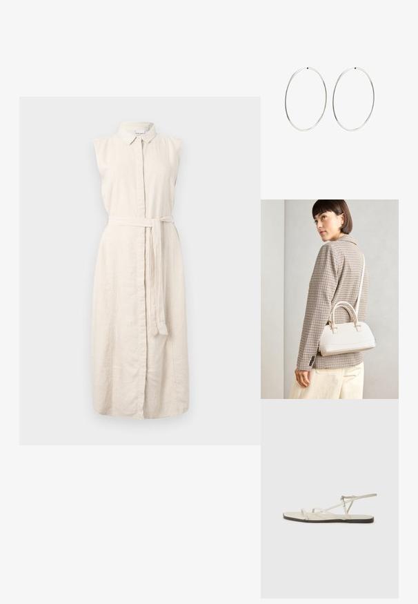 Šviesiai smėlio spalvos lino suknelė su apykakle, be rankovių dizainas, priekinis mygtukų uždarymas ir audinio diržas ties juosmeniu. Pasižymi subtilia tekstūra.; Bežiniai plokšti sandalai su keliais lieknais dirželiais ir reguliuojamu užsegimu. Padas plokščias, su lengvu tamsiu kontrastu krašte.; Balta struktūruota rankinė su trumpomis rankenomis ir peties diržu, su auksinėmis detalėmis ir tekstūruota medžiaga, pastatyta prieš pilką foną.; Sidabriniai auskarai-žiedai su lygiu, apvaliu dizainu ir blizgiu paviršiumi. Jie yra ploni ir lengvi, turintys paprastą užsegimą.