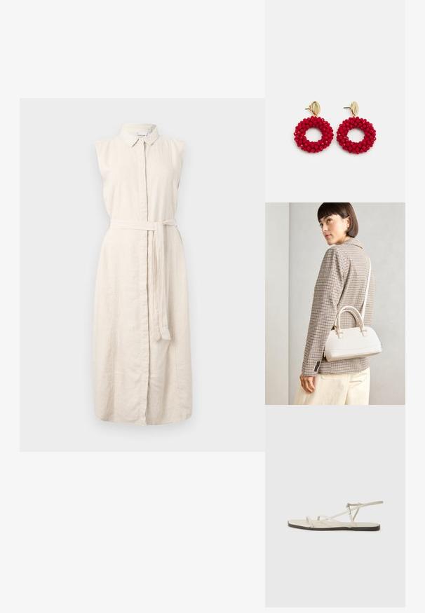 Jasno beżowa sukienka z lnu z kołnierzykiem, bez rękawów, z zapięciem na guziki z przodu oraz materiałowym paskiem w talii. Posiada subtelna fakturę.; Beżowe płaskie sandały z wieloma cienkimi paskami i regulowanym zapięciem. Podeszwa jest płaska z delikatnym ciemnym kontrastem na krawędzi.; Biała torebka o strukturalnym kształcie z krótkimi uchwytami i paskiem na ramię, z złotymi akcentami i teksturowanym materiałem, prezentowana na szarym tle.; Czerwone kolczyki w kształcie kół z koralików o fakturowanej powierzchni i złotym zapięciu. Okrągły kształt z otwartym wnętrzem i zaokrąglonymi detalami z koralików.