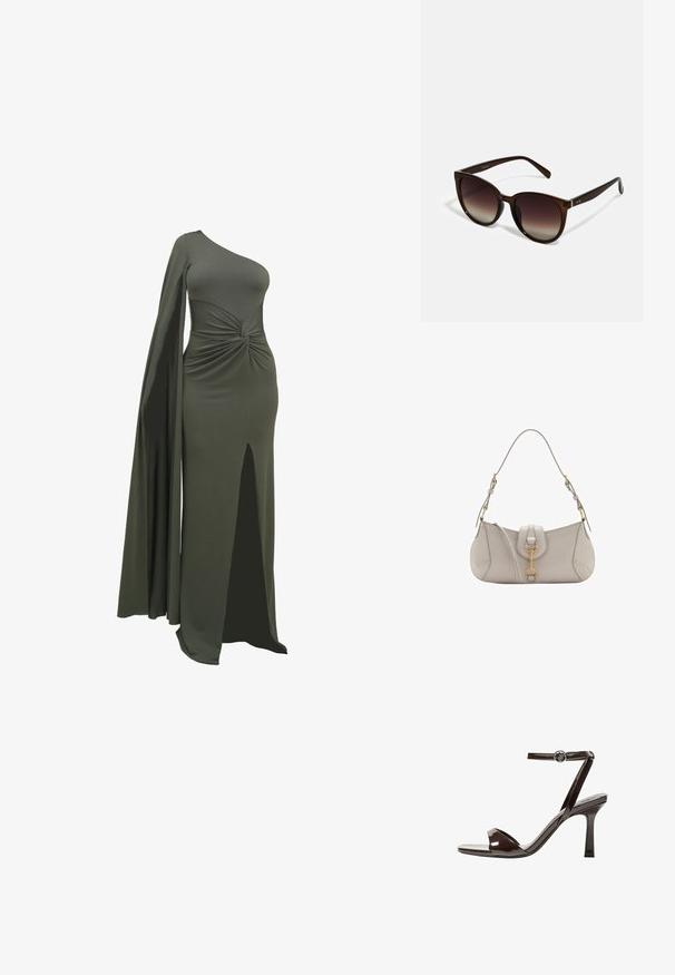 Green, one-shoulder dress made of smooth, stretchy fabric. Features a twisted detail at the waist and a thigh-high slit on one side.; Brown patent leather high-heeled sandal with an ankle strap, open toe, and a sleek, minimalist design. Features a square heel.; Brown gradient sunglasses with oversized round lenses, glossy tortoiseshell frames, and sleek arms featuring subtle metallic accents.; Light gray leather handbag with a curved shape, gold hardware, a front clasp, and stitched detailing. Adjustable shoulder strap included.