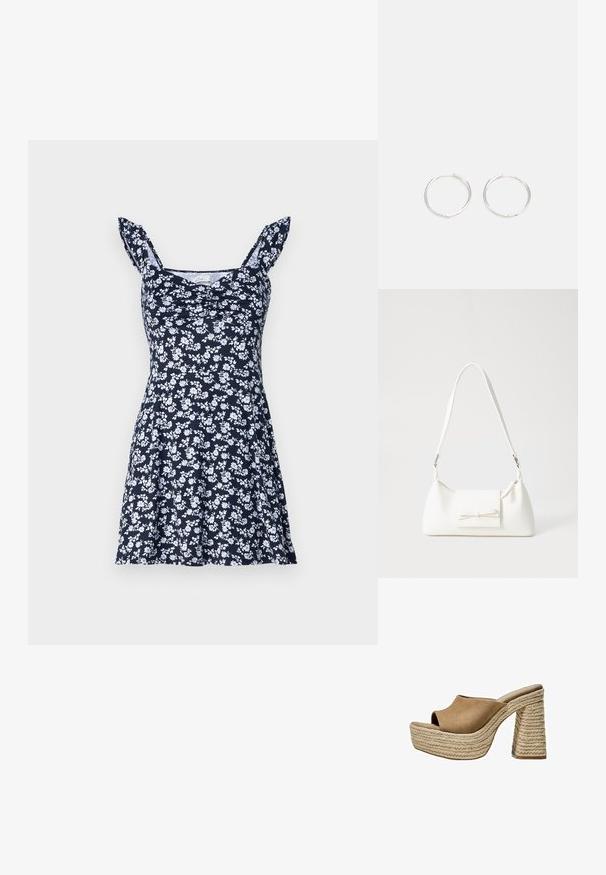 Rochie florală bleumarin cu modele albe, cu corset ajustat, fustă amplă și bretele subțiri cu volane. Fabricată dintr-un material moale, cu o textură ușoară.; Mule-uri din suede maro cu talpă platformă și vârf deschis, având un toc chunky din jută împletită și un design superior neted, rotund.; Geantă sintetică albă, cu formă triangulară, capac frontal plat și detaliu cu fundă, curea ajustabilă, textură netedă și design minimalist.; Cercei din argint cu un design elegant și rotund, având o suprafață netedă și fără embellismente vizibile. Diametrul nu este specificat.