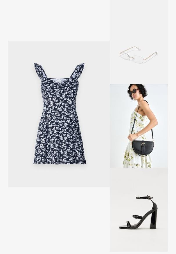 Granatowa sukienka w kwiaty z białymi wzorami, dopasowana góra, rozkloszowana spódnica i falbaniaste ramiączka. Wykonana z miękkiego materiału, lekkiego w dotyku.; Czarne lakierowane sandały na obcasie z kwadratowym noskiem, z paskami wokół kostki i srebrnymi klamrami. Posiadają masywny słupek dla stabilności.; Złote metalowe okulary z owalnymi soczewkami, cienkimi zausznikami i przezroczystymi noskami. Posiadają subtelne akcenty zawiasów oraz przezroczyste soczewki.; Czarna skórzana torebka o zakrzywionym kształcie, z odpinanym paskiem i złotymi akcentami. Torebka posiada klapę z zapięciem w kształcie klamry.