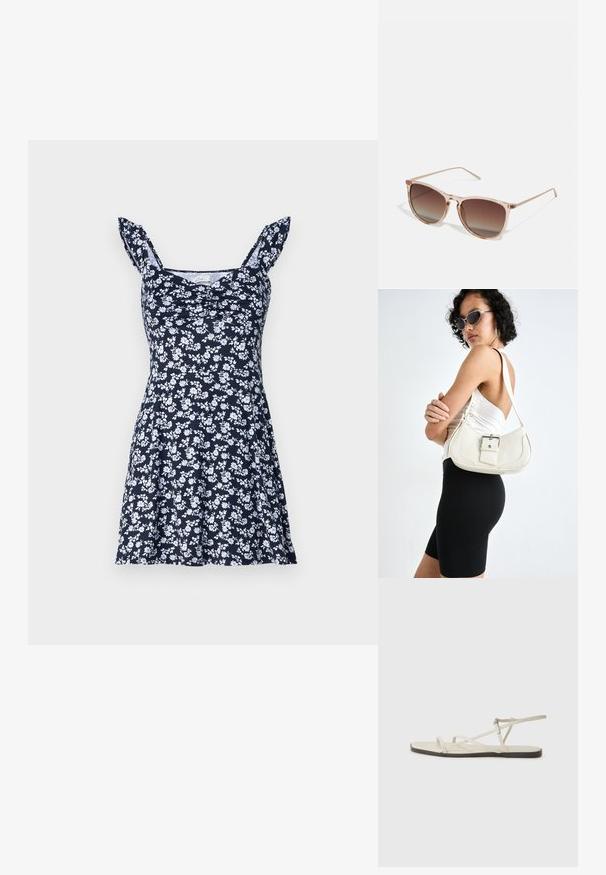 Robe fleurie bleu marine avec des motifs blancs, corsage ajusté, jupe évasée et bretelles spaghetti volantes. Fabriquée en tissu doux, légère au toucher.; Sandale plate beige avec plusieurs fines lanières et une boucle réglable. La semelle est plate avec un léger contraste sombre sur le bord.; Lunettes de soleil dégradées marron avec une monture translucide rose, de forme carrée et des branches en métal fines. Présente des bords arrondis et un design minimaliste.; Sac à main en cuir blanc avec une forme incurvée, une bandoulière ajustable et un petit détail de boucle. Le modèle porte une tenue noire ajustée.