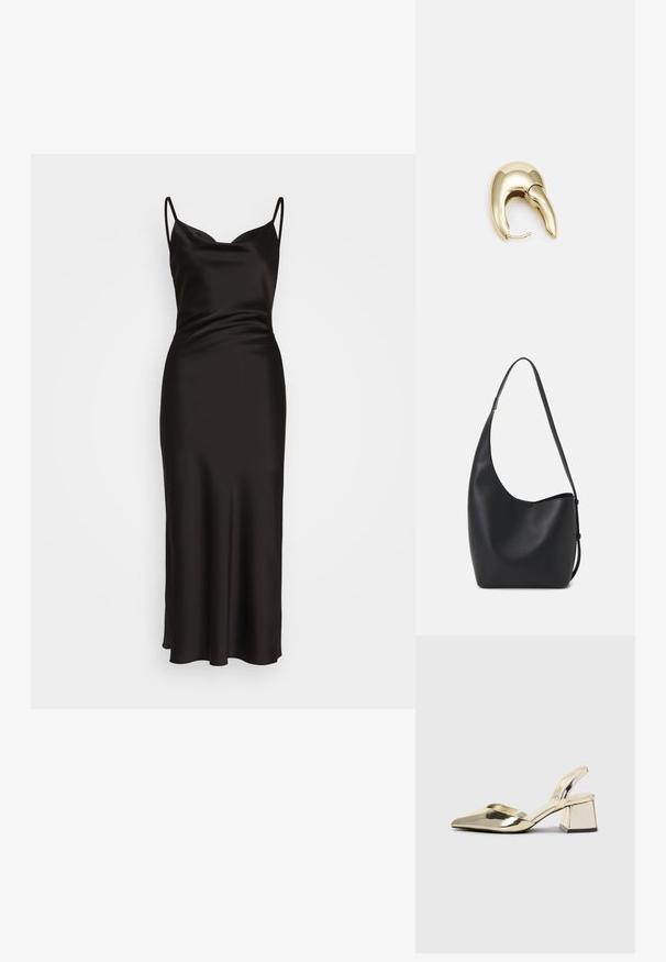 WAL G. CARA COWL NECK MIDI - Cocktailkjole - black; Gull, metallisk slingback-hæler med spiss tå og chunky hæl. Glatt tekstur, minimalistisk design og en smal stropp.; Svart lær hobo-veske med glatt tekstur, buet form og enkelt justerbart stropp; har en bred åpning på toppen.; Gullfarget metalløredobber med et elegant, buet design. Har en karakteristisk spiss form, polert overflate og hengsel-lukking.