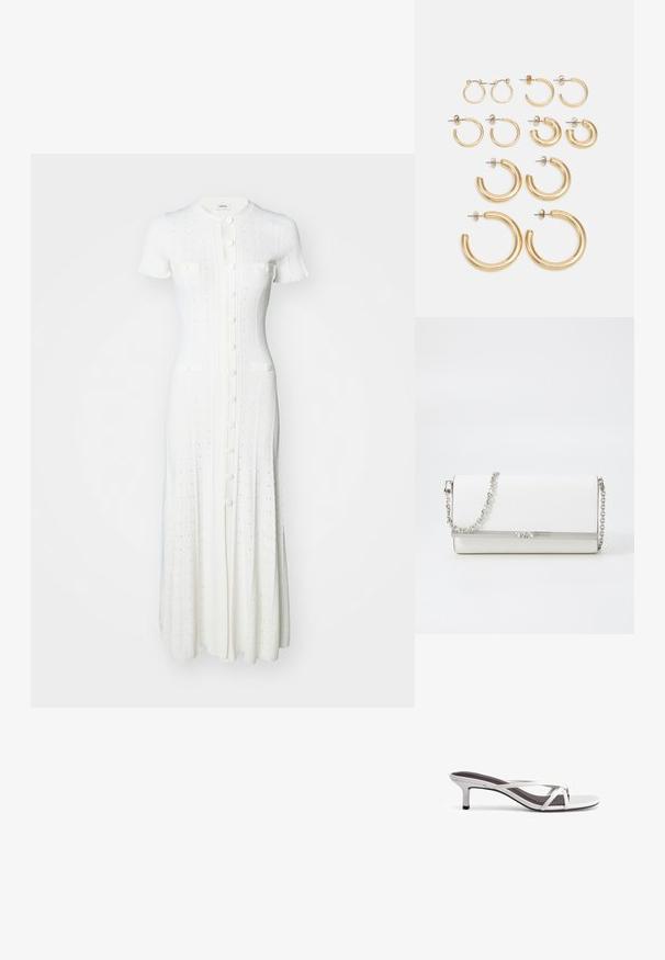 sandro MILO - Vestido largo - ecru; Sandalias con tacón plateado y diseño de tiras cruzadas, con una textura suave y punta afilada. El tacón mide aproximadamente dos pulgadas de alto.; MICHAEL Michael Kors MONA - Bandolera - optic white; Conjunto de pendientes de aro de oro que presenta varios tamaños y diseños, incluyendo estilos pequeños, medianos y grandes, con acabados metálicos lisos.