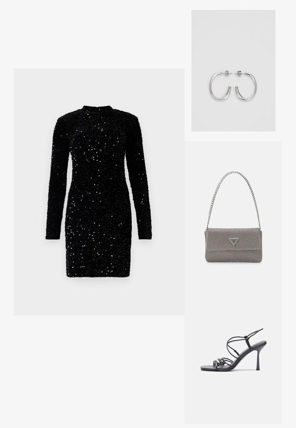 Melnā secinātu garam piedurknēm kleita ar augstu apkakli, pieguļošu dizainu un teksturētu virsmu, kas piedāvā īsu garumu un spīdīgas akcentus.; Melnas augstpapēžu sandales ar plāniem siksniņām un mezgla dizainu, gluda kvadrātveida purngalu un elegantu stiletto papēdi.; Gaiši pelēka metāla rokassoma ar ķēdes siksnu, rotāta ar mazām apaļām metāla kniedēm un trīsstūra zīmola logo.; Sudraba riņķveida auskari ar gludu, spīdīgu apdari. Apaļas formas, viegla dizaina, ar aizdari uz stieples.