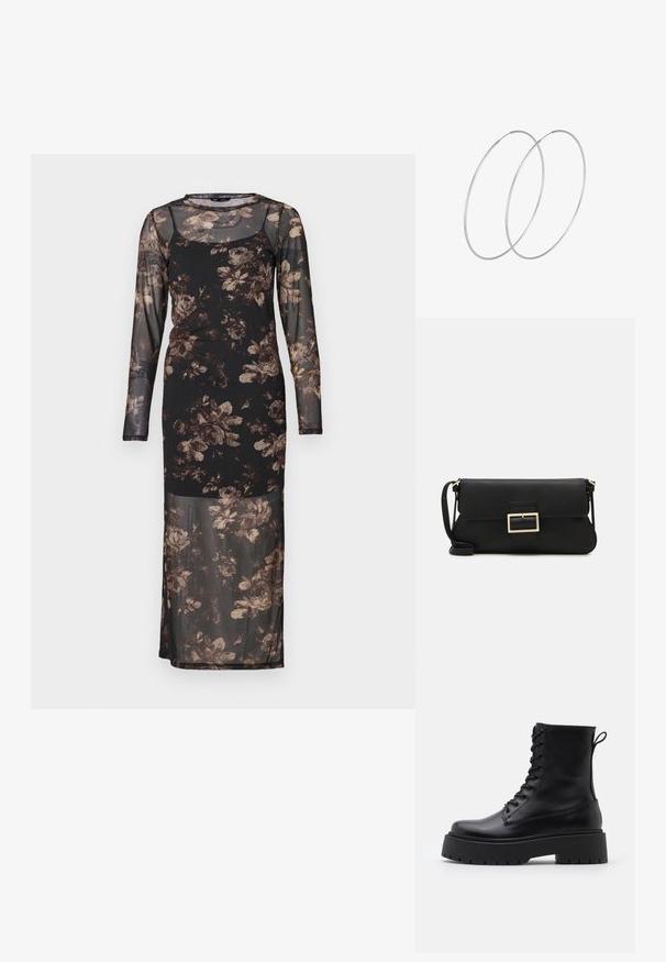 Langærmet blomsterkjole med gennemsigtig sort mesh og brune og cremefarvede rosemønstre, tætsiddende design og rund halsudskæring.; Sorte læder ankelstøvler med rund tå, snørebånd foran og en tyk gummisål med struktureret slidbane. Hæfteløkke bagpå.; Sort læder clutchtaske med klap og detaljer i guldmetallisk spænde. Inkluderer en sort rem og et slankt, minimalistisk design.; Sølvøreringe med et minimalistisk design. Cirkulær form, glat tekstur og tynd profil. Letvægtige med en poleret overflade.