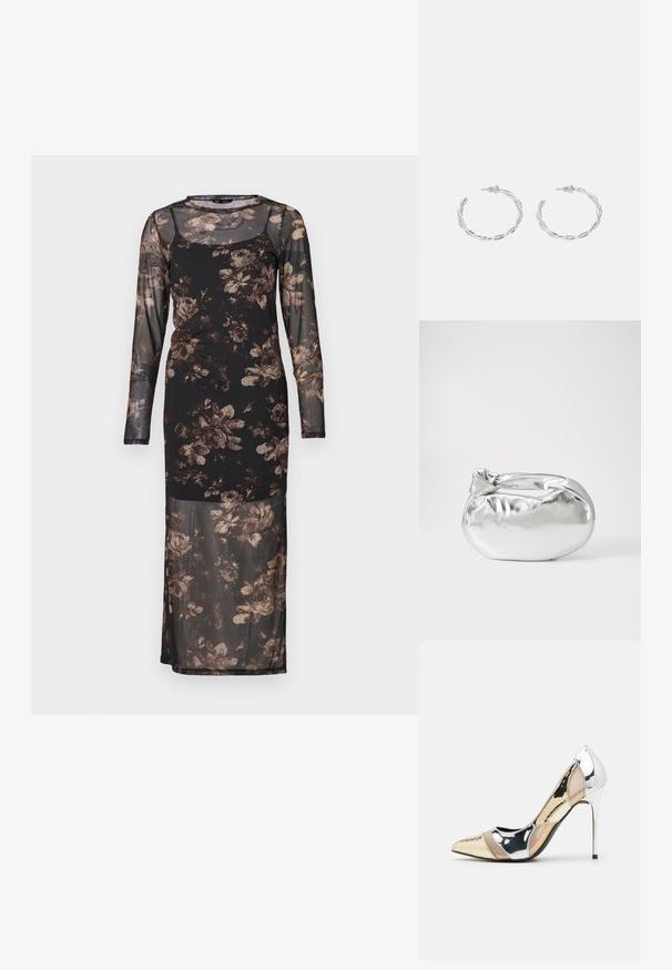 Long-sleeve floral dress featuring sheer black mesh with brown and cream rose patterns, fitted design, and a round neckline.; Pointed-toe high heel shoe with a silver, gold, and nude color scheme. Glossy finish with cutout design, featuring a stiletto heel.; Silver metallic pouch bag with a soft, rounded shape and a knotted top closure. Made from smooth faux leather material.; Silver hoop earrings with a twisted design, featuring a polished finish and post-back closure. Measure approximately 3 cm in diameter.