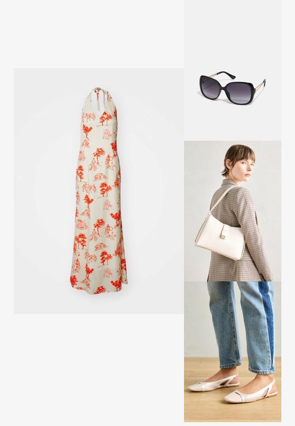 Maxi sukienka z kremowego materiału z czerwonymi ilustracjami drzew i ludzi, na ramiączkach z węzłem, luźny krój i długość do kostek.; Jasnoróżowe baleriny na odkrytej pięcie z wąskim noskiem, wykonane z gładkiego materiału imitującego skórę. Posiadają wycięcia po bokach oraz płaski obcas.; Czarne oversize okulary przeciwsłoneczne z gradientowymi soczewkami, grubymi oprawkami i złotym łańcuszkiem na ramionach.; Biała skórzana torebka o strukturalnym wzorze, z magnetycznym zapięciem i paskiem na ramię, zaprezentowana na neutralnym tle.