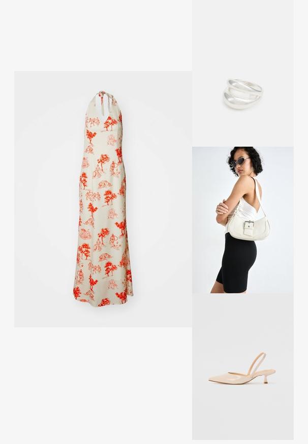 Maxi kleita krēma krāsā ar sarkaniem zīmējumiem par kokiem un cilvēkiem, haltera kakla ar mezgla detaļu, plūstoša silueta un līdz potītei garuma.; Bežīgas lakotas ādas slingback papēži ar smailu purngalu un šauru, kvadrātveida papēdi. Gluda tekstūra un minimālistisks dizains bez dekorēšanas elementiem.; Balta ādas rokassoma ar izliekta formu, regulējamu siksniņu un mazu sprādzi. Modelis valkā pieguļošu melnu apģērbu.; Sudraba divu joslu gredzens ar gludu, pulētu virsmu. Iezīmējas ar plūstošu, izliekta dizaina struktūru ar pārklājošām sekcijām modernam izskatam.