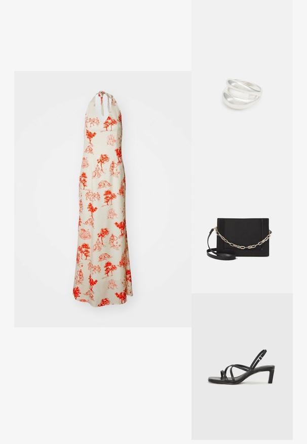 Kreminės spalvos maxi suknelė su raudonais medžių ir žmonių piešiniais, kaklo rišimu su mazgu, laisvalaikio siluetu ir iki kulkšnies ilgiu.; Juodi šlepetės su kvadratiniu pirštu ir žemu bloku kulnu. Yra keli ploni dirželiai ir reguliuojamas kulkšnies diržas. Pagaminti iš lygios odos.; Juodas odinis per petį nešiojamas krepšys turi lygų paviršių, stačiakampio formą ir metalinę grandinėlę priekyje. Pridedama reguliuojama dirželis.; Sidabrinis dvigubas žiedas su lygiu, poliruotu paviršiumi. Pasižymi sklandžiu, kreiptu dizainu su persipinančiomis dalimis, suteikiančiomis modernų išvaizdą.