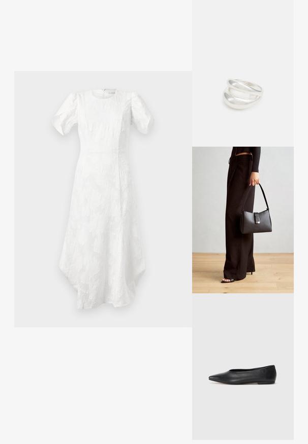 Robe midi blanche avec des manches courtes bouffantes, décolleté rond, motif floral texturé, taille cintrée et ourlet asymétrique.; Ballerines noires en cuir, à bout pointu, design minimaliste, texture lisse, talon bas, sans matériel ni embellissements visibles.; Sac à main noir à la forme structurée, texture lisse et fermoir métallique. Associé à un pantalon noir ample et des sandales ouvertes sur un sol en bois.; Bague en argent à double bande avec une surface lisse et polie. Présente un design fluide et courbé avec des sections qui se chevauchent pour un look moderne.