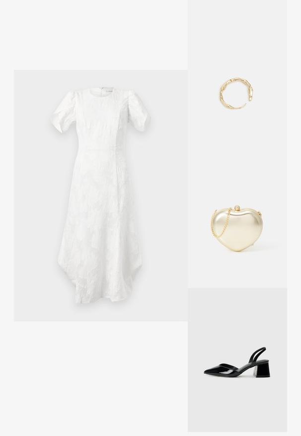 Biele midi šaty s krátkymi naberanými rukávmi, okrúhlym výstrihom, textúrovaným kvetinovým vzorom, priliehavým pásom a asymetrickým lemom.; Čierne lakované kožené sandálové podpätky s špicatou špičkou a geometrickým blokovým podpätkom. Disponujú elegantným, minimalistickým dizajnom a hladkým povrchom.; Zlatá metalická kabelka v tvare srdca s reťazovým popruhom a perlovým uzáverom. Hladká textúra, kompaktný dizajn na malé nevyhnutnosti.; Prsteň v zlatej farbe s organickým, skrúteným dizajnom, hladkým povrchom a zužujúcimi sa koncami, vytvárajúci moderný, sochársky vzhľad.