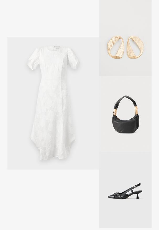 Balta midi kleita ar pūstiem īsiem piedurkņu, apaļu kakla izgriezumu, teksturētu ziedu rakstu, pieguļošu jostasvietu un asimetrisku apakšmalu.; Melnas ādas šlipsveida kurpes ar norādītu purngalu, dekoratīvām joslām ar metāla acīm un zemu bloku papēdi. Teksturēta virsma.; Melnas ādas rokassoma ar apaļu formu, mīkstu tekstūru un mezgla rokturi, kas rotāts ar zelta tonētiem aksesuāriem. Ar rāvējslēdzēja aizdari.; Pāris neregulāras ovālas formas zelta toņos metāla auskaru ar teksturētu, nedaudz sitētu virsmu uz baltas fona.