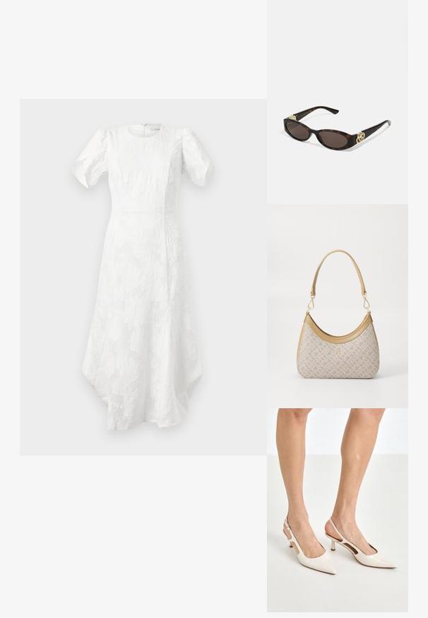 Biała midi sukienka z bufiastymi krótkimi rękawami, okrągłym dekoltem, teksturowanym kwiatowym wzorem, dopasowanym talią i asymetrycznym dołem.; Beżowe lakierowane szpilki z odkrytą piętą, zakończone spiczastym noskiem i 5 cm obcasem, z wyciętymi bokami oraz cienkim paskiem na kostce.; Słoneczne okulary w kolorze żółwi z wydłużonymi owalnymi soczewkami, brązowym odcieniem, złotymi akcentami logo na zausznikach oraz smukłymi czarnymi ramionami.; Beżowa torebka w wzory o zakrzywionym kształcie, z skórzanymi akcentami i złotym logo z przodu. Posiada krótki uchwyt, co ułatwia noszenie.