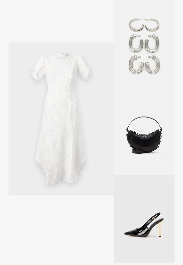 Valge midi kleit puffseente lühikeste varrukatega, ümmarguse kaelusega, tekstuurse lillemustriga, hästi istuv vöökoht ja ebaühtlane alumine serv.; Mustmust mustjalanik strappy kõrge kontsaga king, millel on terav nina ja kuldse tooni ruudukujuline kand. Omab reguleeritavat pahkluu rihma.; Must have musta nahk-efektega käekott, millel on kumer kuju, eemaldatav õlapael ja ees särav metalliline detail.; Neli hõbedaste kõrvakaunistuste paari: kaks läikivat siledat rõngakujulist disaini, üks tekstuuriga ja üks kaetud väikeste selgete rhinestone'idega.