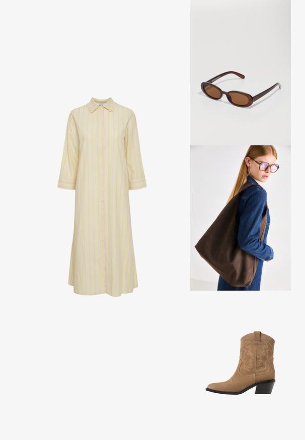 Gestreiftes Kleid in Hellgelb mit pinken vertikalen Streifen. Verfügt über eine Knopfleiste, einen Kragen und dreiviertellange Ärmel. Gleiche Stofftextur.; Braune Wildleder-Westen-Stiefelette mit spitzem Zeh, besticktem Design und einem niedrigen, gestapelten schwarzen Absatz. Mit Zuglaschen für einfaches Anziehen.; Runde, braun getönte Sonnenbrillen mit einem glänzenden burgunderfarbenen Rahmen. Schlanke Bügel mit dezentem Branding. Flaches Linsendesign.; Braune Leder-Handtasche mit weicher Textur, geräumigem Design und einem einzigen Tragegurt. Kombiniert mit einer blauen Jeansjacke.