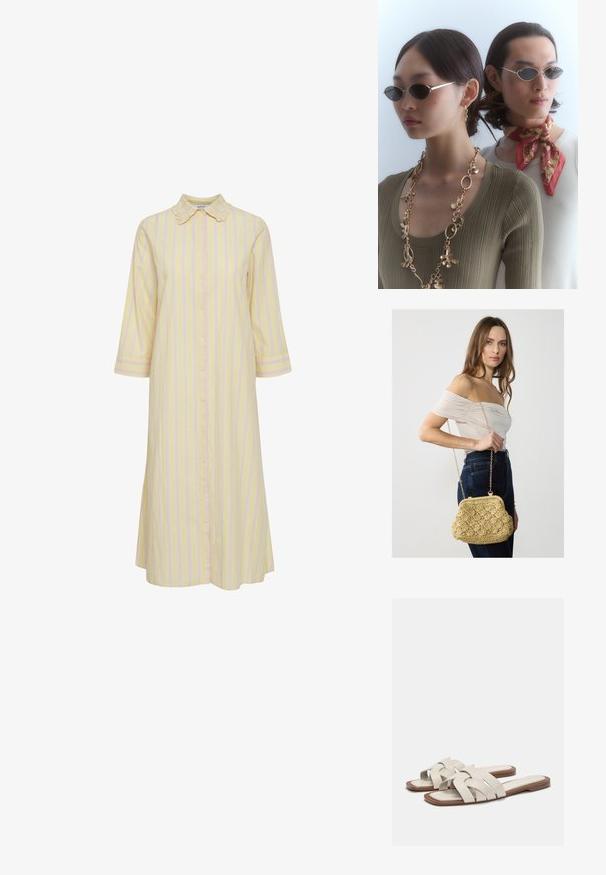 Prugasta haljina svijetlo žute boje s ružičastim okomitim prugama. Ima kopčanje s gumbima sprijeda, ovratnik i rukave do tri četvrtine. Glatka tekstura tkanine.; Svijetlosmeđi klizni sandali s tkanim trakama, koji imaju ravni potplat i minimalistički dizajn. Glatka tekstura s suptilnim kolorističkim kontrastima.; Kružne naočale s tamnim staklima i tankim srebrnim okvirom. Jedna osoba nosi zlatnu lančić-ogrlicu, dok druga ima crveni šal s uzorkom.; Woven handbag od sira u svijetlo bež boji, s zakrivljenim oblikom, zatvaranjem na kopču i zlatnim lančanim remenom. Teksturalna površina s dijamantnim uzorkom.