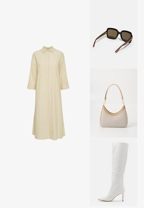 Gestreiftes Kleid in Hellgelb mit pinken vertikalen Streifen. Verfügt über eine Knopfleiste, einen Kragen und dreiviertellange Ärmel. Gleiche Stofftextur.; RAID TRIBUTE - High Heel Stiefel - white; Schwarze übergroße Sonnenbrille mit braunen Gläsern. Merkmale sind einzigartige gestreifte Bügel in Grün und Rot sowie goldene Hardware-Akzente. Quadratische Form.; Beige gemusterte Handtasche mit geschwungener Form, Lederakzenten und einem goldfarbenen Logo auf der Vorderseite. Verfügt über einen kurzen Griff für einfaches Tragen.