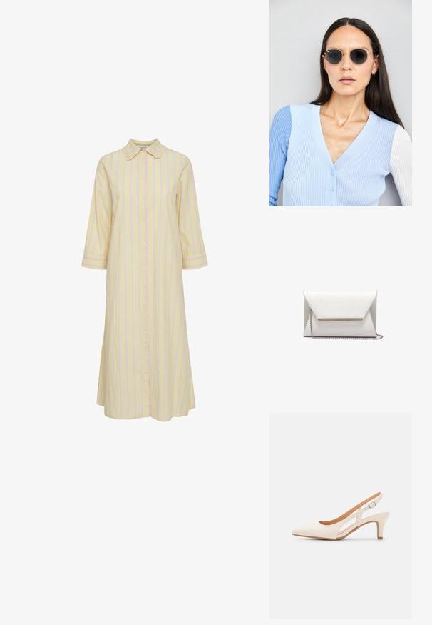Pasiasta sukienka w jasnym żółtym kolorze z różowymi pionowymi paskami. Posiada zapięcie na guziki z przodu, kołnierz oraz rękawy o długości trzech czwarte. Gładka tekstura materiału.; Biała szpilka slingback z ostrym noskiem, gładkim materiałem wierzchnim, niskim obcasem blokowym oraz wycięciami po bokach i regulowanym paskiem z klamrą.; Okrągłe okulary przeciwsłoneczne z ciemnymi soczewkami i złotymi ramkami. Modelka nosi jasnoniebieski kardigan w prążki z guzikami i białymi rękawami w kontrastowym kolorze.; Biała kopertówka wykonana z gładkiej skóry, z srebrnym łańcuszkiem i metalowym paskiem z przodu. Minimalistyczny design i trójkątny kształt.