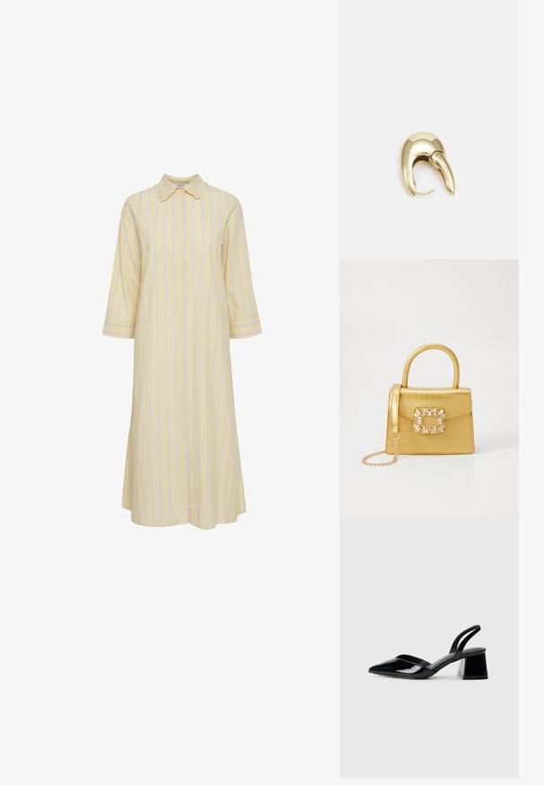 Abito a righe giallo chiaro con strisce verticali rosa. Presenta un'apertura frontale con bottoni, colletto e maniche a tre quarti. Texture del tessuto liscia.; Décolleté in vernice nera con punta affusolata e tacco in geometria cubica. Presentano un design elegante e minimalista, con una texture liscia.; Borsa finta coccodrillo gialla con design strutturato, manico superiore, tracolla a catena removibile e abbellimenti in cristallo decorativi sulla chiusura.; Orecchino in metallo color oro con un design elegante e curvo. Presenta una forma appuntita distintiva, superficie lucida e chiusura a cerniera.