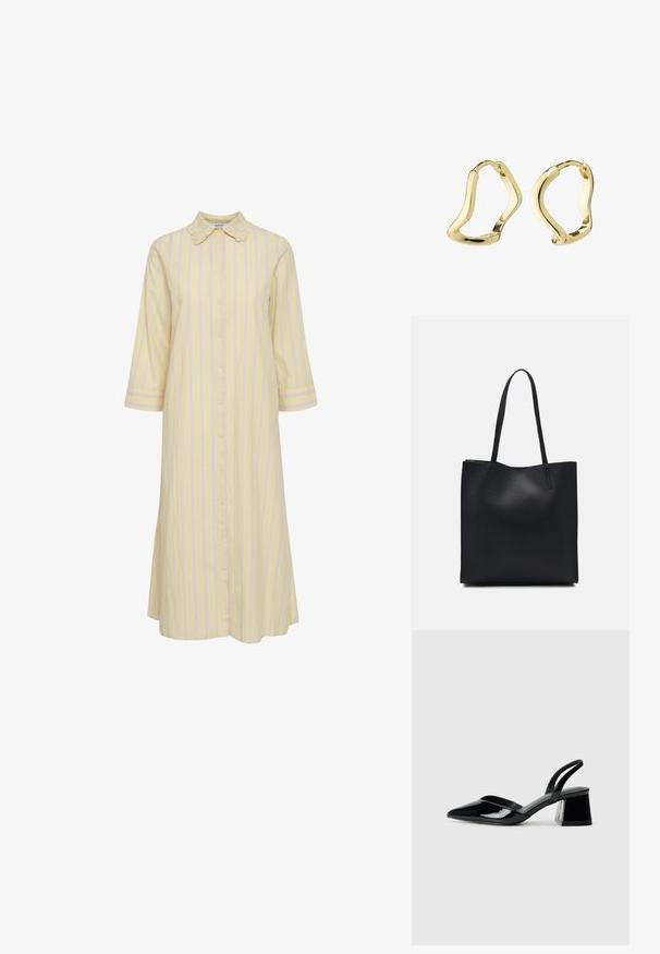 Gestreepte jurk in lichtgeel met roze verticale strepen. Bevat een knopenrij aan de voorzijde, een kraag en driekwartmouwen. Soepele textuur van de stof.; Zwarte gepatineerde leren slingback hakken met een spitse neus en een geometrische blokhak. Kenmerkt zich door een slank, minimalistisch ontwerp en een gladde textuur.; Zwarte leren handtas met een gladde textuur, rechthoekige vorm en twee lange handvaten. Geen zichtbare hardware of versieringen.; Gouden creolen met een vloeiende, golvende vorm. Glad oppervlak, open ontwerp en geen zichtbare sluitingen. Minimalistische en moderne uitstraling.