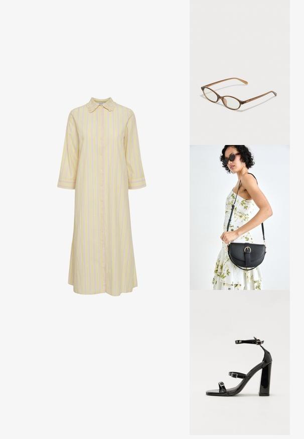 Gestreiftes Kleid in Hellgelb mit pinken vertikalen Streifen. Verfügt über eine Knopfleiste, einen Kragen und dreiviertellange Ärmel. Gleiche Stofftextur.; Schwarze patentierte Sandalen mit Absatz, quadratischer Spitze, Knöchelriemen und silbernen Schnallen. Mit einem stabilen Blockabsatz für mehr Stabilität.; Braune Schildpatt-Brille mit ovalen Gläsern, dünnen Bügeln und transparenten Akzenten. Verfügt über ein dezentes Logo am Bügel. Elegantes, leichtes Design.; Schwarze Lederhandtasche mit geschwungener Form, abnehmbarem Tragegurt und goldenen Beschlägen. Die Tasche verfügt über einen Deckel mit einer Schnallen-Details.