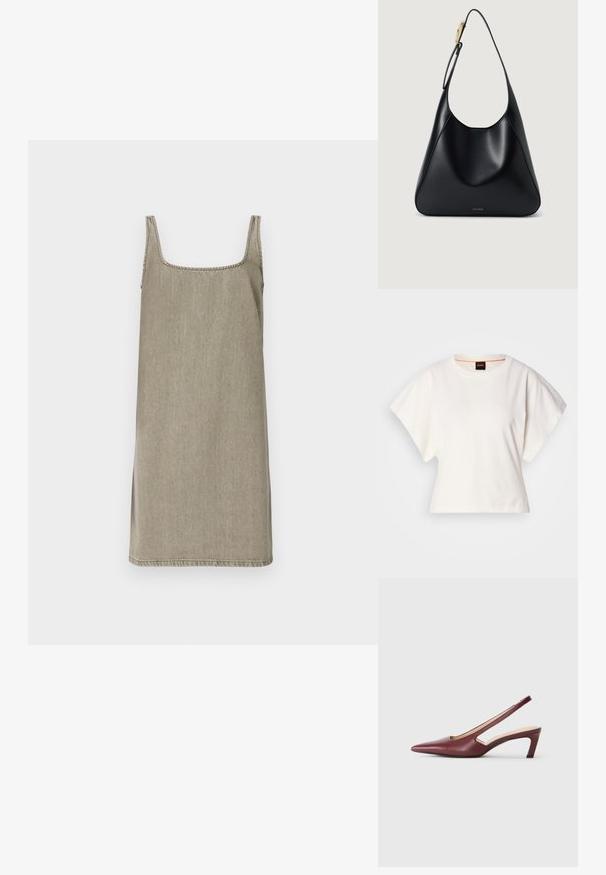 Sleeveless, square-neck dress in light grey denim. Features straight cut with side slits and contrasting stitching along the neckline.; White cropped T-shirt, short wide sleeves, soft cotton material, round neckline with subtle orange trim, minimal design, no patterns or graphics.; Burgundy slingback heels with a pointed toe, cutout details on the side, and a mid-height block heel. Smooth leather finish.; Black leather shoulder bag with a smooth texture, curved silhouette, and a gold hardware accent. Features embossed brand logo at the base.