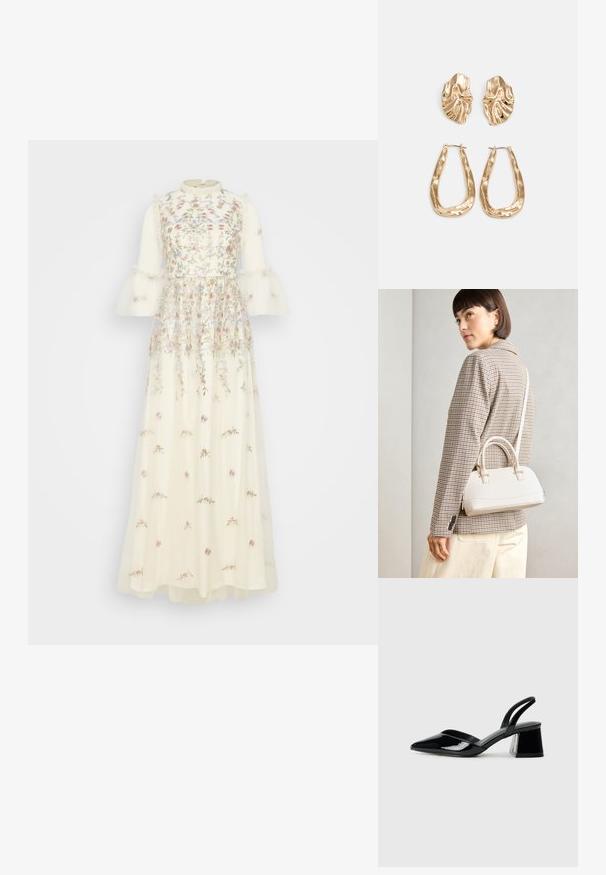 Ilga, kreminė suknelė su gėlių siuvinėjimu rožinėmis, melsvomis ir žaliomis spalvomis. Suknelė turi aukštą apykaklę ir varpelius primenančias rankoves, pagamintas iš permatomo audinio.; Juodos lakuotos odinės šlepetės su smailiu pirštu ir geometriniu bloko kulnu. Turi elegantišką, minimalistinį dizainą ir lygų paviršių.; Balta struktūruota rankinė su trumpomis rankenomis ir peties diržu, su auksinėmis detalėmis ir tekstūruota medžiaga, pastatyta prieš pilką foną.; Auksinės auskarai, turintys tekstūruotus, bangų formos elementus. Įeina skulptūriniai segami auskarai ir atviri lankai su išmuštu paviršiumi.