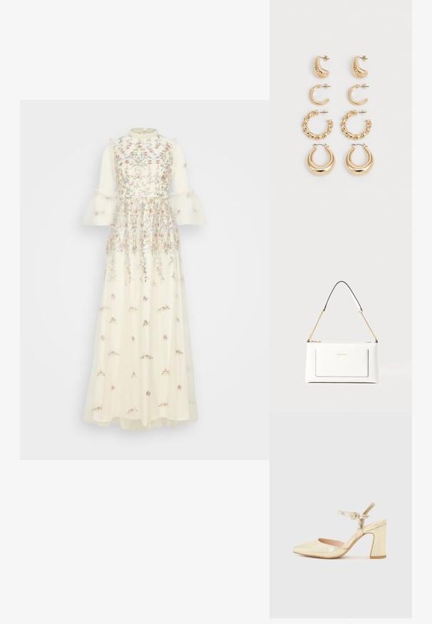 Vestido longo, creme, com bordados florais em rosa, azul e verde. Tem um colarinho alto e mangas sino feitas de tecido transparente.; Sapato de salto metálico dourado com bico pontiagudo, uma tira no tornozelo com fecho circular e um design de salto grosso. Textura suave.; Bolsa de mão branca em couro com acabamento texturizado, featuring a corrente dourada e detalhes pretos. Inclui um bolso frontal e fecho com zipper.; Conjunto de cinco brincos de ouro, com designs variados: superfícies torcidas, estriadas e lisas em formas de argola e crescente.