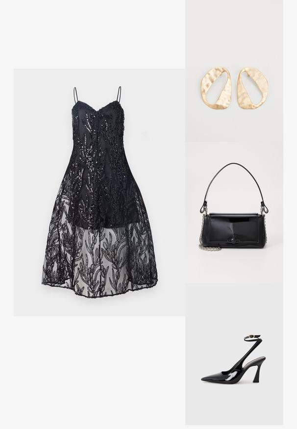 Črna obleka s prilegajočim korzetom s tankimi naramnicami, okrašena s pentljami na čipki, in tekoča prozorna čipkasta krila z motivom listov.; Črne patentne usnjene slingback visoke pete s koničastim nosom, nastavljivim gležnjastim trakom in zmerno blokasto peto. Gladka tekstura z bleščečim zaključkom.; Črna lakirana usnjena torbica pravokotne oblike, s verižnim trakom in značilnim kovinskim detajlom na sredini. Gladka textura.; Par nenavadno ovalnih zlatih metalnih uhani s teksturirano, rahlo udarjeno površino na belem ozadju.