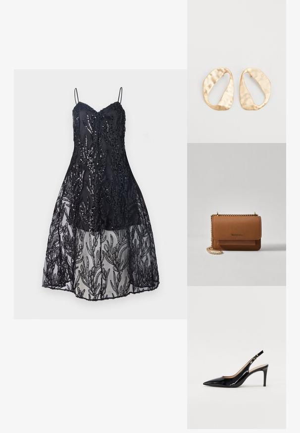 Must mustras, milleõmblusega ja õhulise pitsseeliku, millel on lehekujulised mustrid.; Must hõbedavärvi patendiga slingback kontsakingad terava varbaga, kitsas konts ja peene lõikega disain. Statistika on kuldne pandla rihmal.; Pruun tekstureeritud nahk ristkeha kott kuldse ahelaga rihmaga ja klapiga sulgemine. Esiküljel on logo detail ja tasku klapi all.; Eba paar eba ebaorditud ovaalkujulisi kuldehhe kaal setertu, kerge keersuju pinnaga valgel taustal.